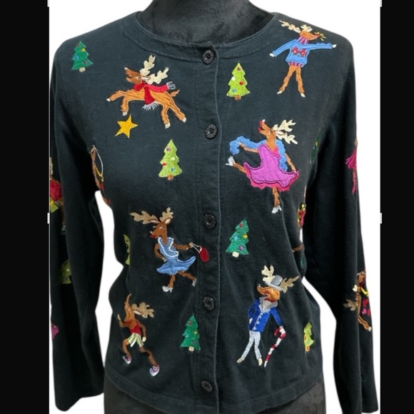 Michael Simon Lite Black Reindeer Tacky Christmas Button Cardigan Sweater Medium - Picture 1 of 7